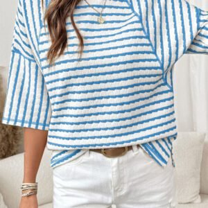 Sky Blue Stripe Textured Knit Split Hem Half Sleeve Loose Top