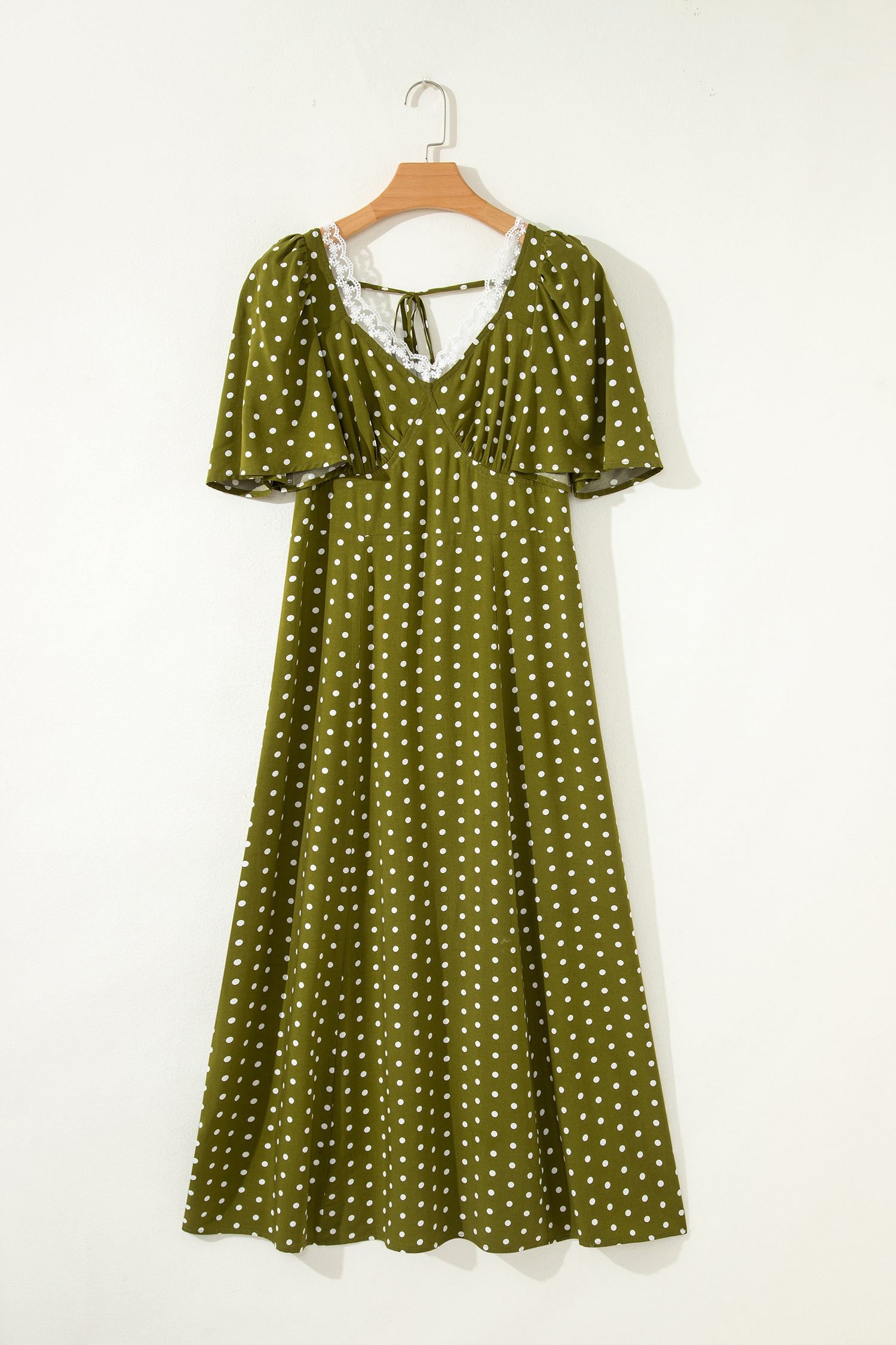 Green Polka Dot Print Lacy Neckline Smocked High Waist Maxi Dress