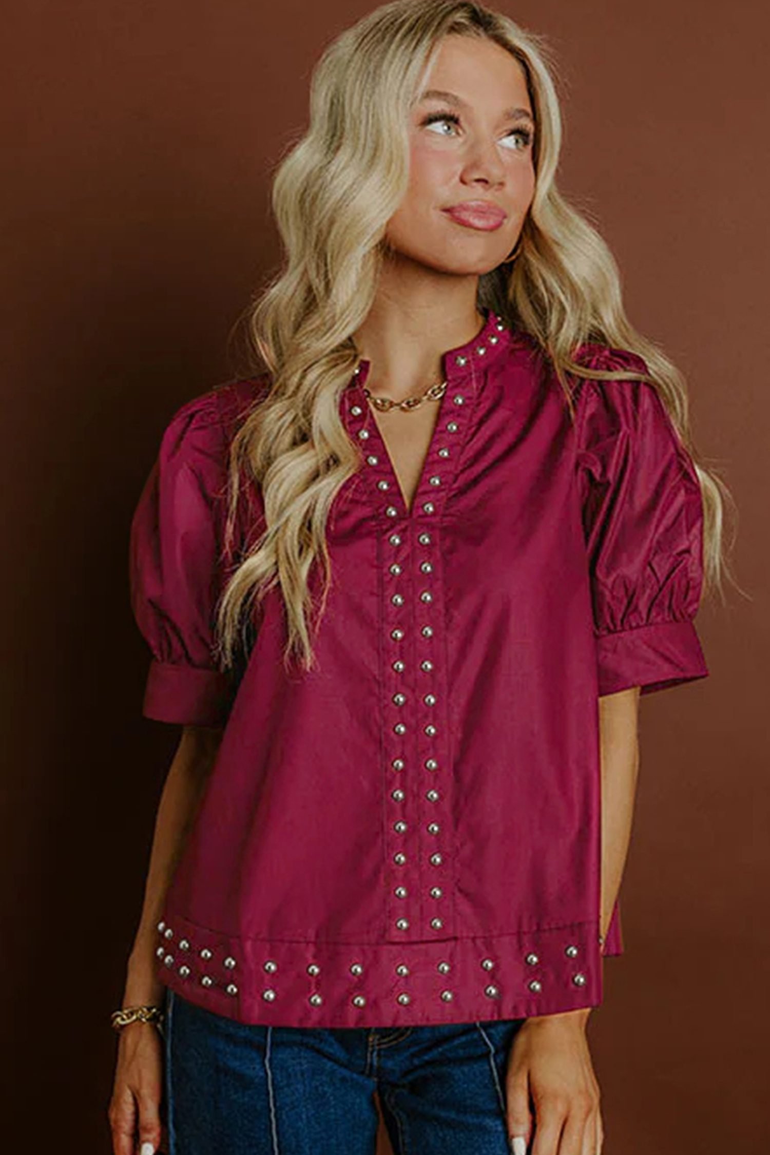 Burgundy Rivet Embellished V Neck Short Puff Sleeve Blouse
