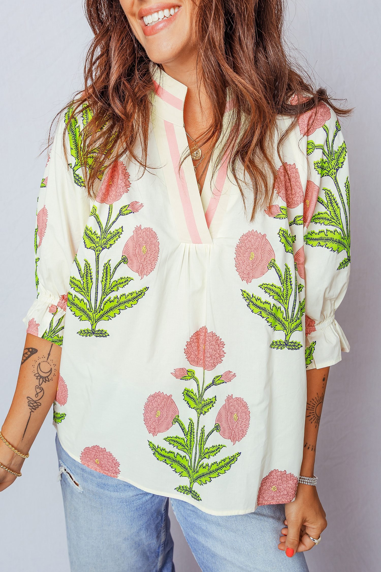 Casual Wild Flower Print V Neck 3/4 Sleeve Blouse
