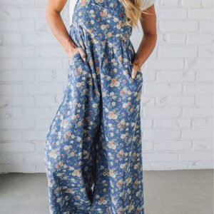 Blue Vintage Rose Printed Pleated Loose Denim Overall Jumpsuit