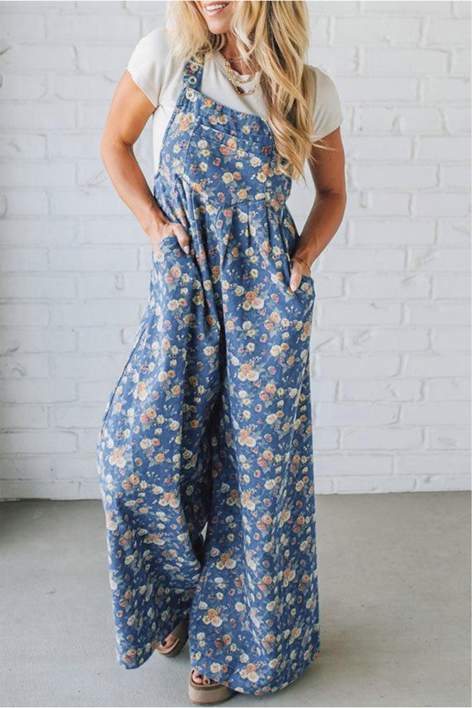 Blue Vintage Rose Printed Pleated Loose Denim Overall Jumpsuit