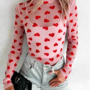Pink Valentines Heart Printed Sheer Mesh Long Sleeve Top