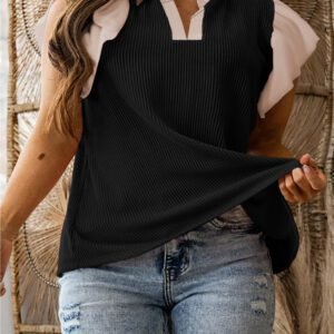 Black Plus Size Contrast Frilled Neckline Ruffled Short Sleeve Ribbed Textured Blouse