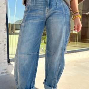 Sky Blue Medium Wash Cuffed Barrel Jeans