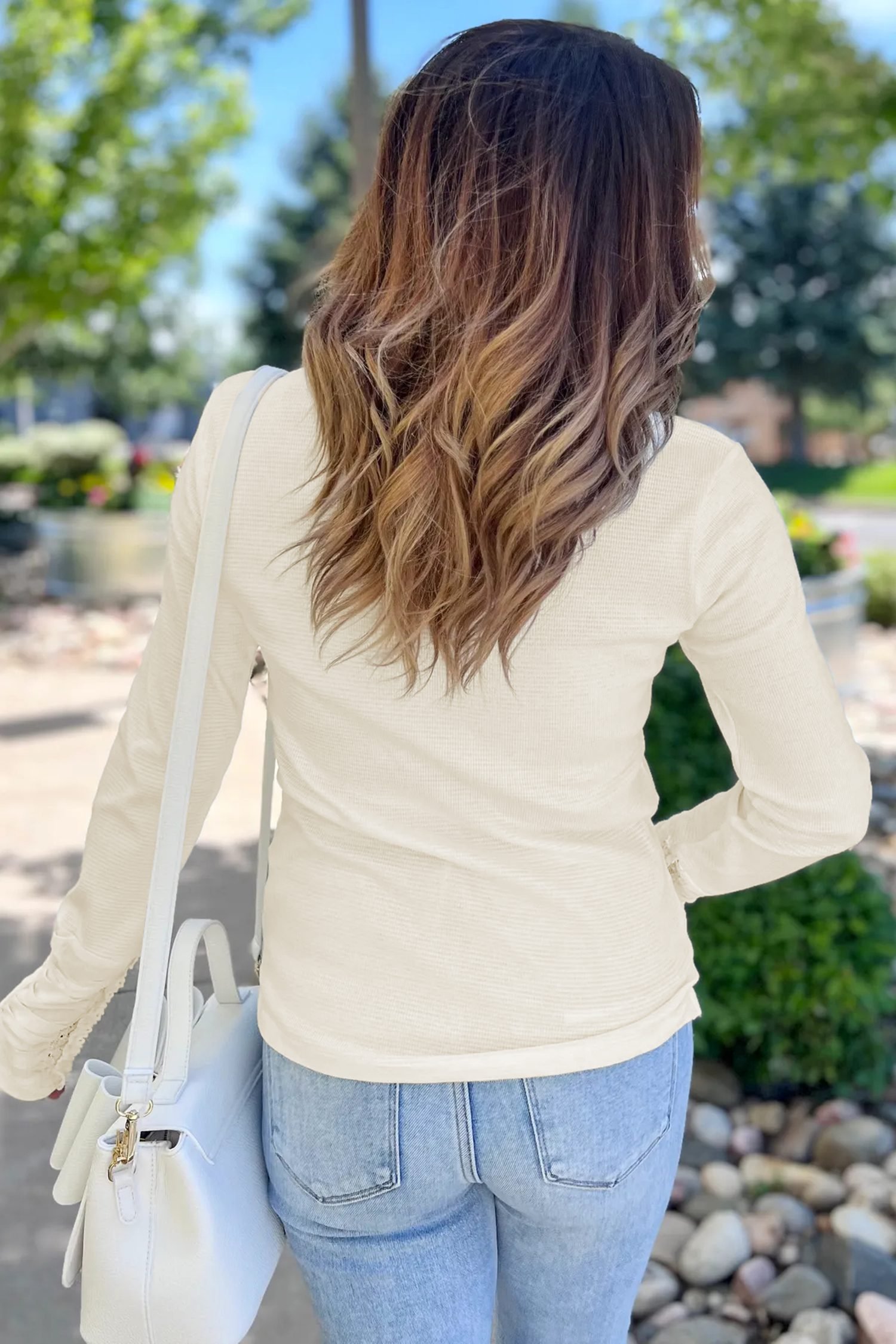 Beige Thermal Knit Lace Ruched Patchwork Long Sleeve V Neck Top - Image 2