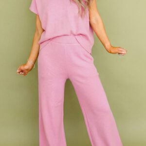 Pink Textured Knit High Neck Loose Tee Elastic Waist Loose Pant Set