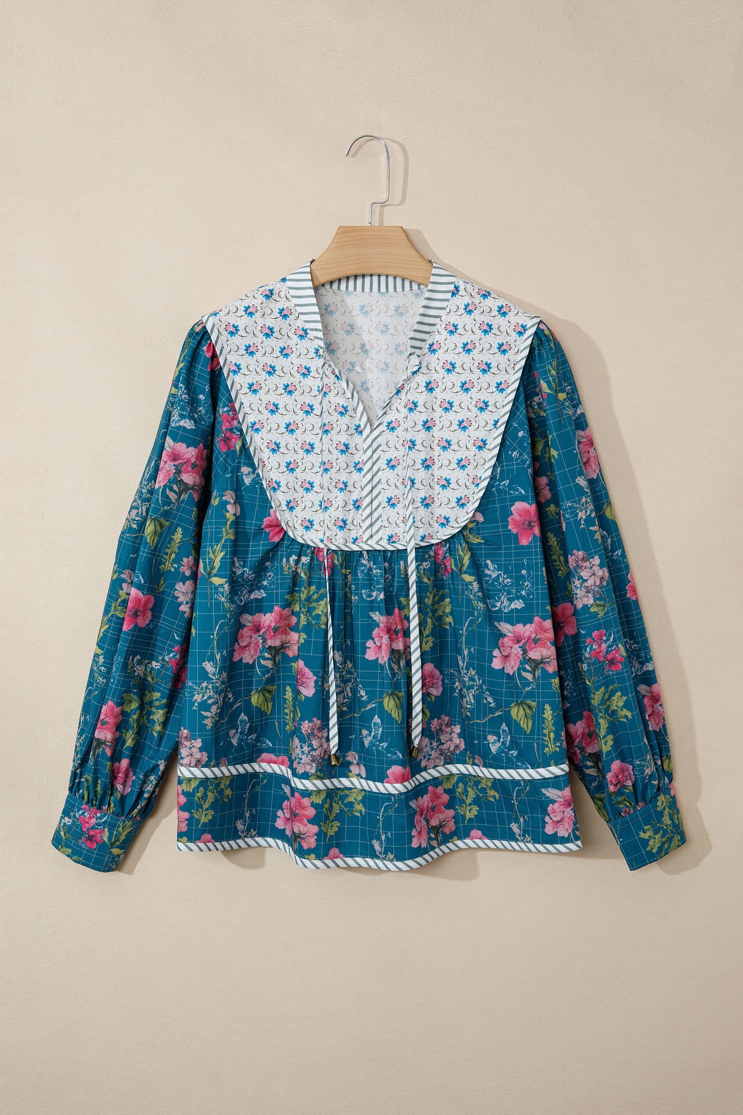 Sky Blue Floral Print Contrast Yoke Patchwork Striped Trim Long Puff Sleeve Blouse