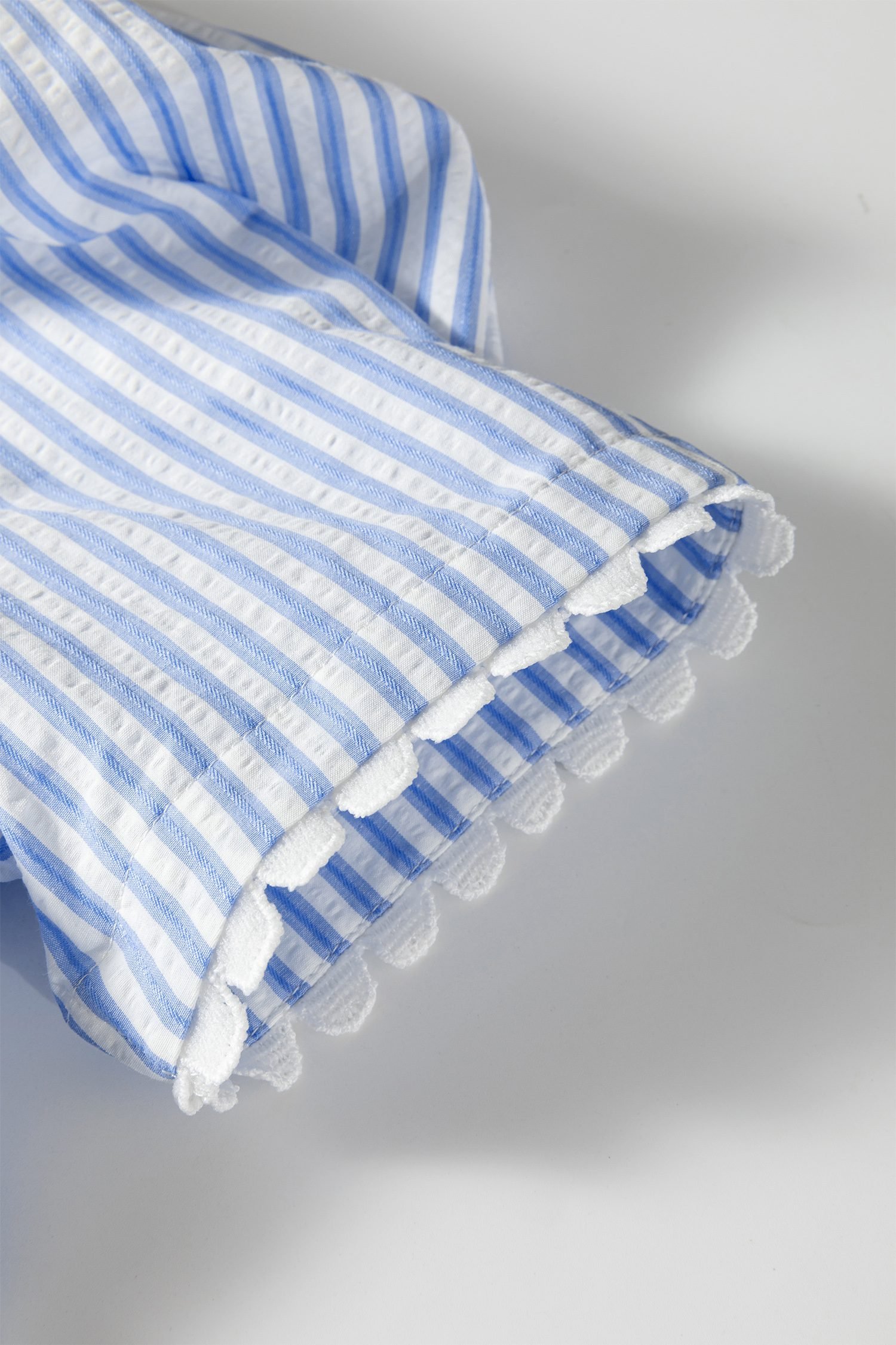 Sky Blue Stripe Ricrac Trim Short Puff Sleeve Leopard Patchwork Collar V Neck Blouse - Image 11