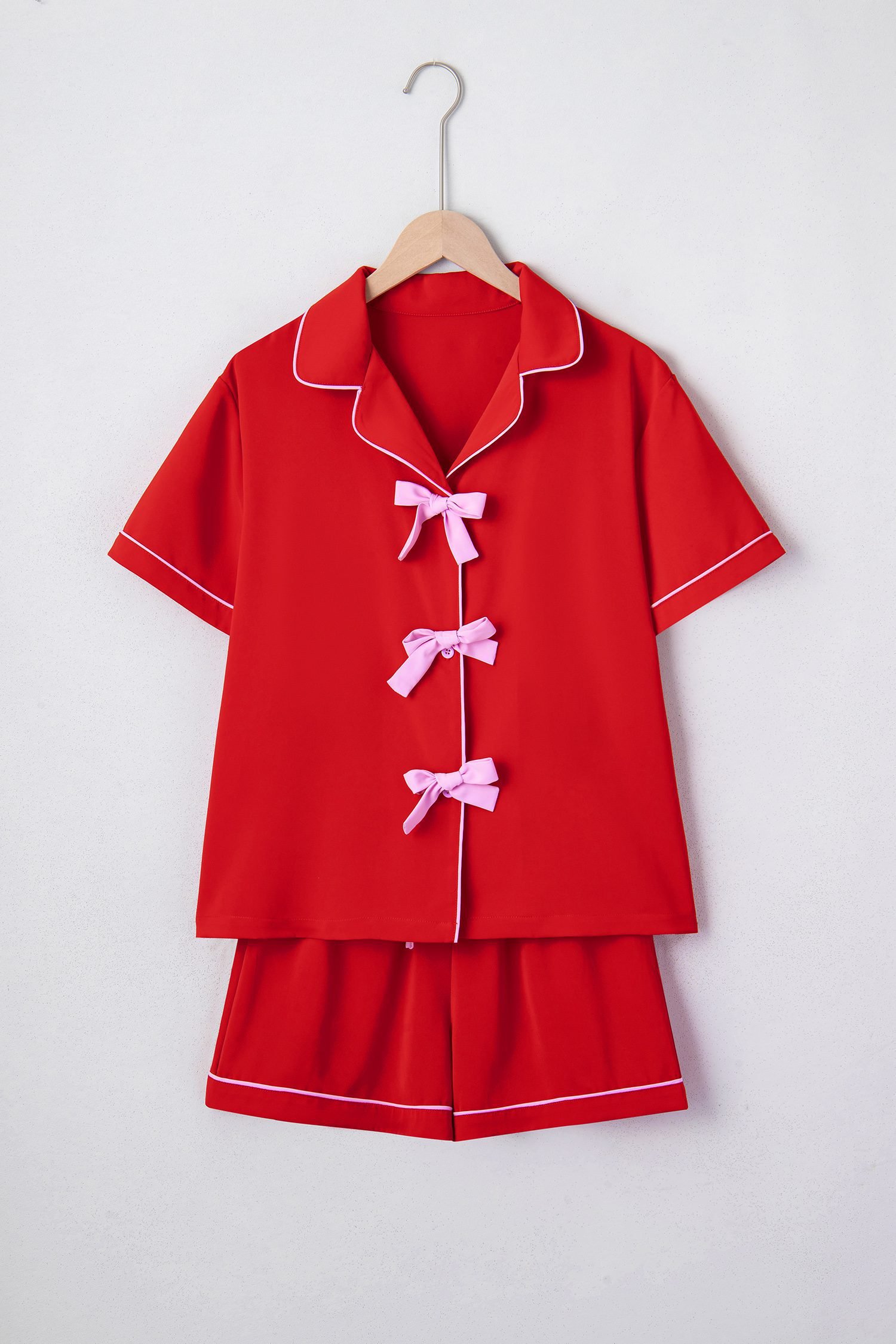 Fiery Red Contrast Trim Ribbon Bow Short Silky 2pcs Pajama Set