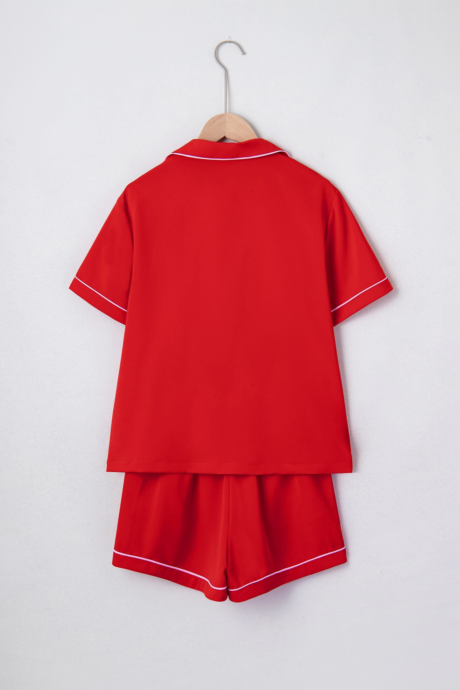Fiery Red Contrast Trim Ribbon Bow Short Silky 2pcs Pajama Set