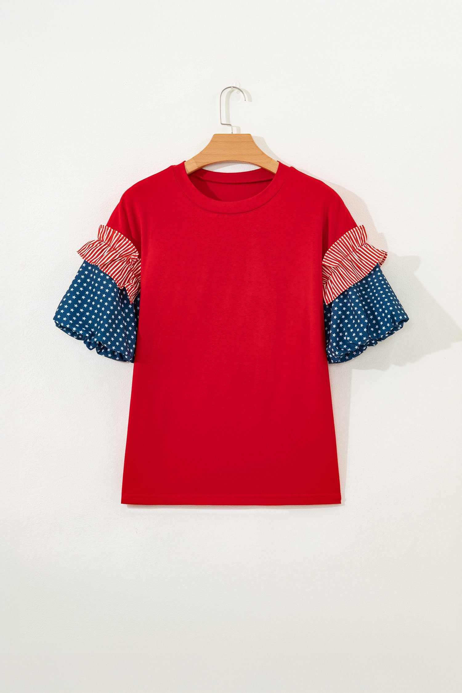 Fiery Red Stars Stripes Short Puff Sleeve Top