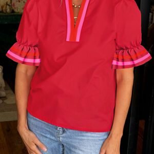 Fiery Red Striped Frilled Collar Ruffled Short Sleeve Blouse