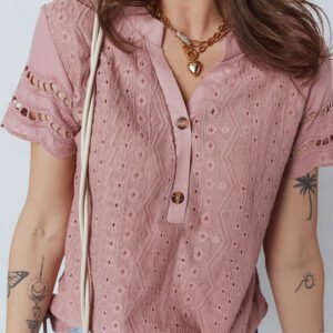 Fushia Textured Embroidered Half Buttons Short Sleeve Blouse