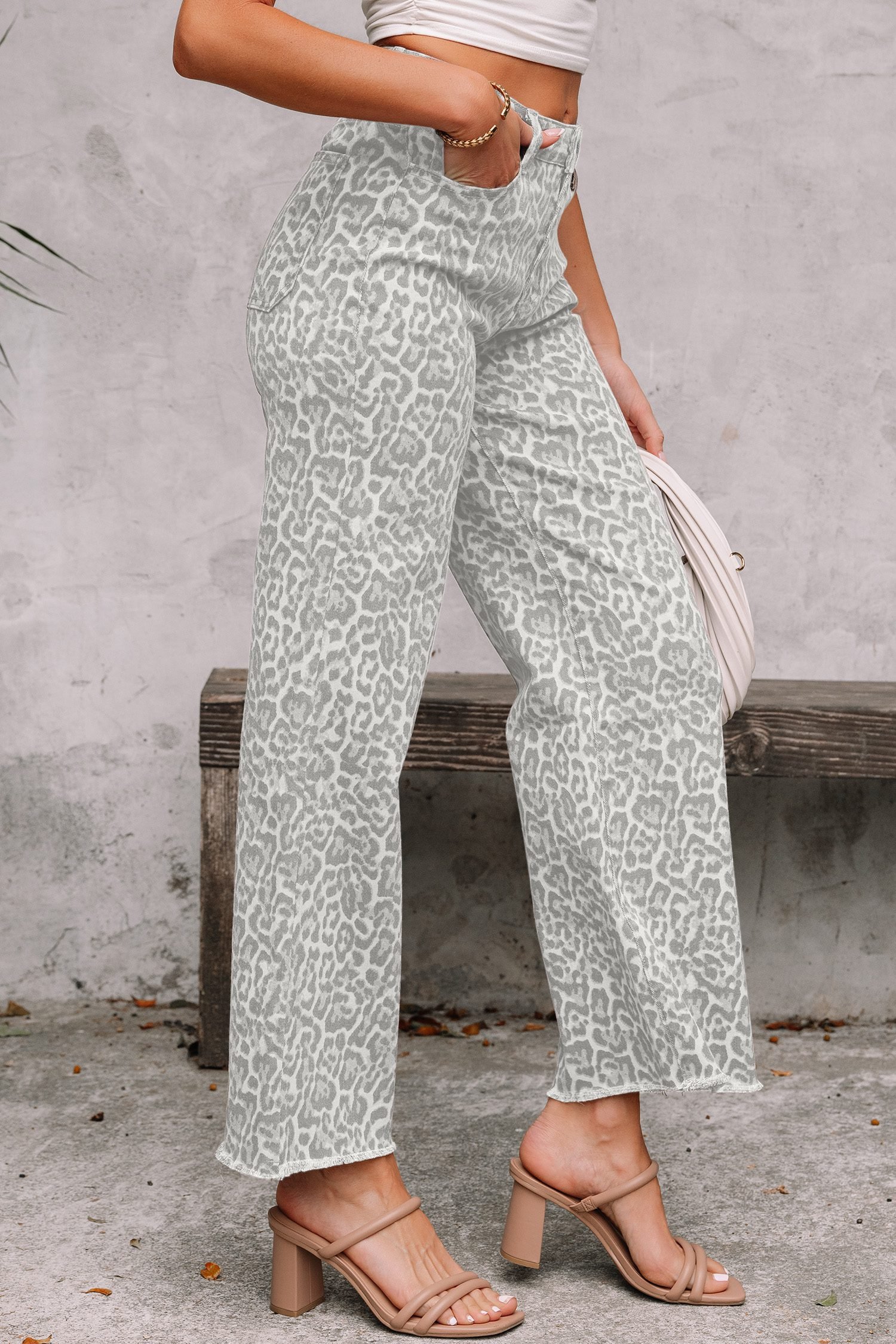 Gray Leopard Frayed Edge Wide Leg High Waist Jeans