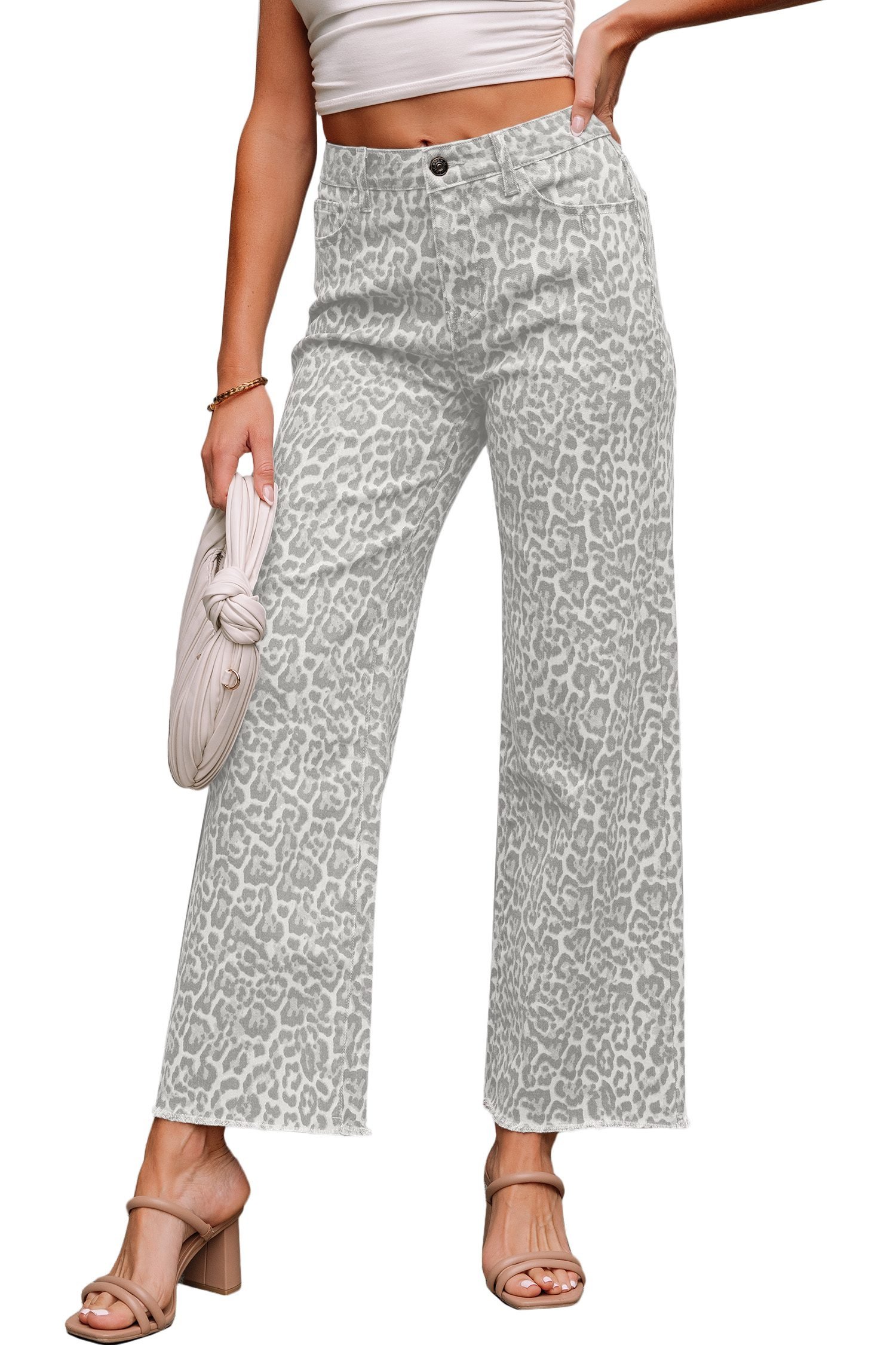 Gray Leopard Frayed Edge Wide Leg High Waist Jeans