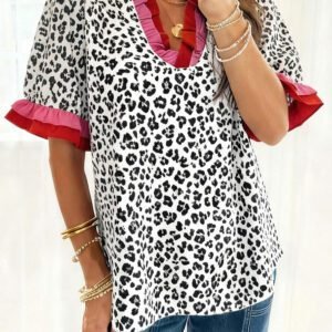 Gray Ruffled Trim V Neck Leopard Print Short Sleeve Blouse
