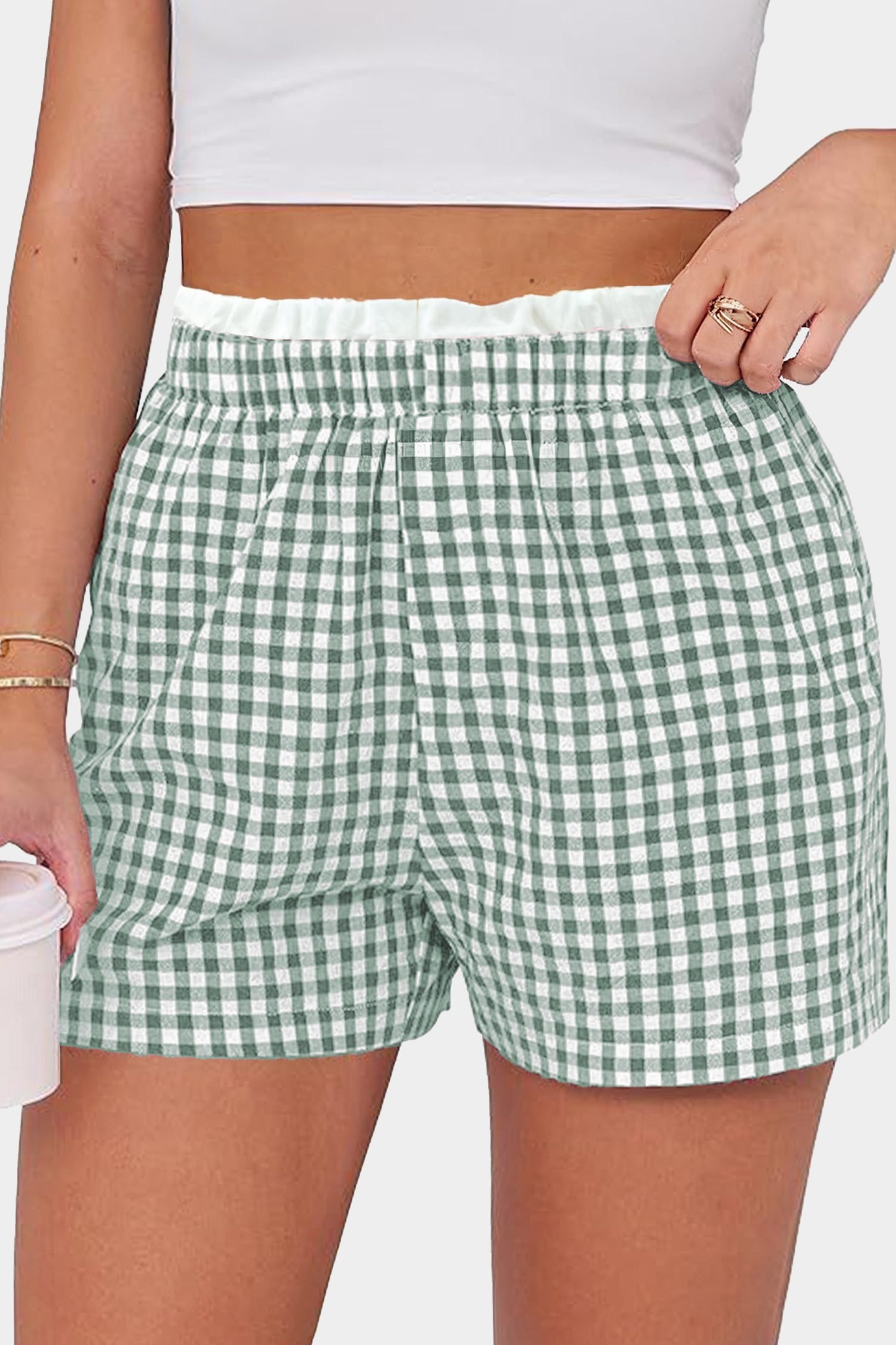 Green Contrast Trim Plaid Print Plus Size Shorts