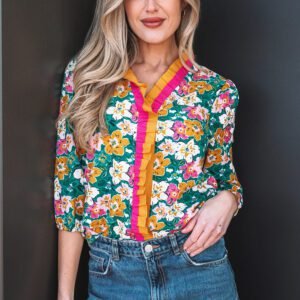 Green Floral Print Contrast Trim Frilled V Neck 3/4 Sleeve Blouse