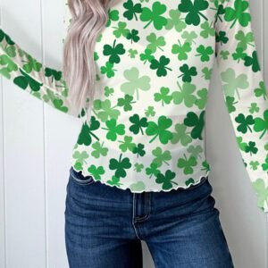 Green Lucky Shamrock Lettuce Trim High Neck Mesh Long Sleeve Top