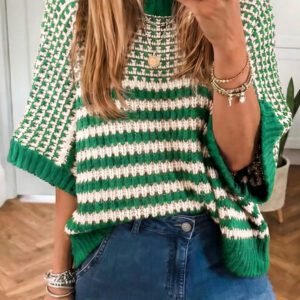 Green Stripe 3/4 Draped Sleeve Slouchy Sweater