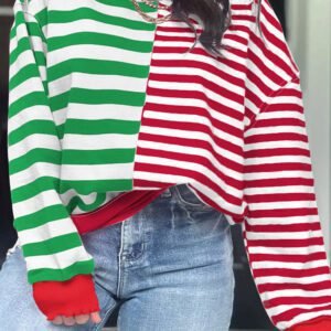 Green Stripe Contrasted Color Block Patchwork Baggy Sweatshirt