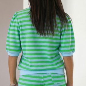 Green Stripe Puff Short Sleeve T Shirt Matching Shorts Set