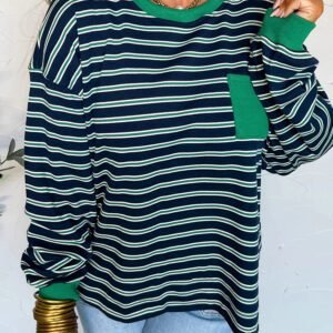 Green Stripe Ribbed Color Block Patchwork Crew Neck Patch Pocket Long Sleeve Top