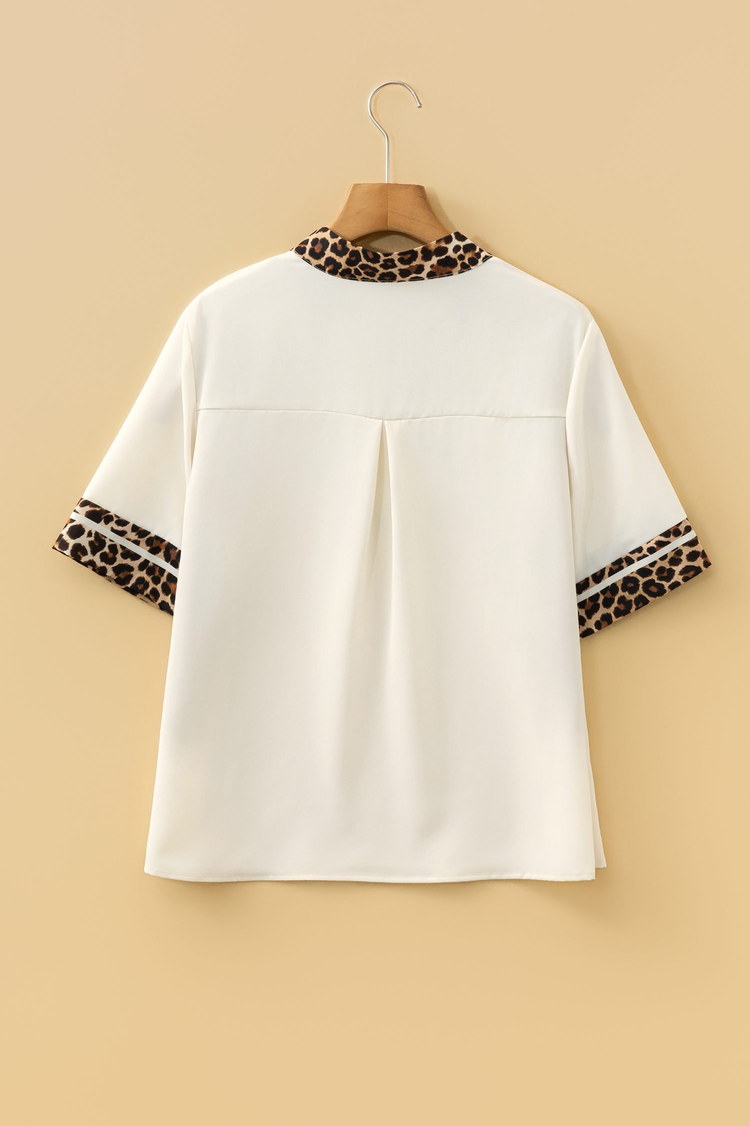 Jet Stream Leopard Patchwork Trim Split Neck Short Sleeve Blouse