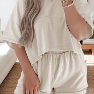 Jet Stream Solid Color Contrast Textured Patchwork Raw Edge 2pcs Short Set