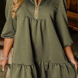 Jungle Green Plus Size Textured Contrast Trim Quarter Zip Bracelet Sleeve Mini Dress