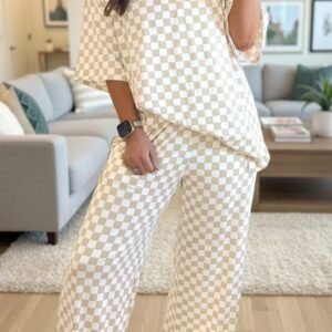 Khaki Checkered Print Half Sleeve Tee 2pcs Lounge Pant Set