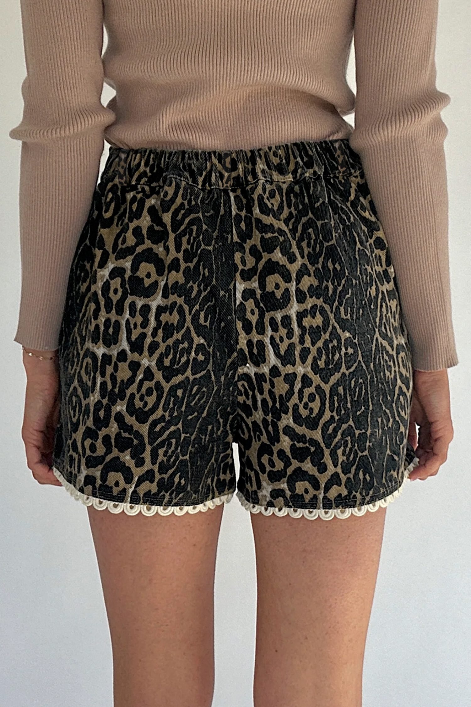 Khaki Contrast Scalloped Lace Trim Leopard Denim Shorts