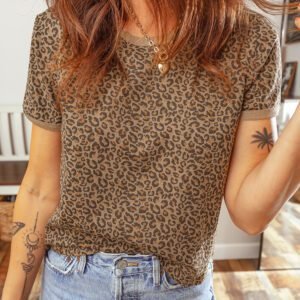 Khaki Fierce Leopard Crew Neck T Shirt