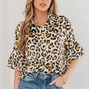 Khaki Leopard Print Ruffle Trim 3/4 Sleeve Loose Shirt