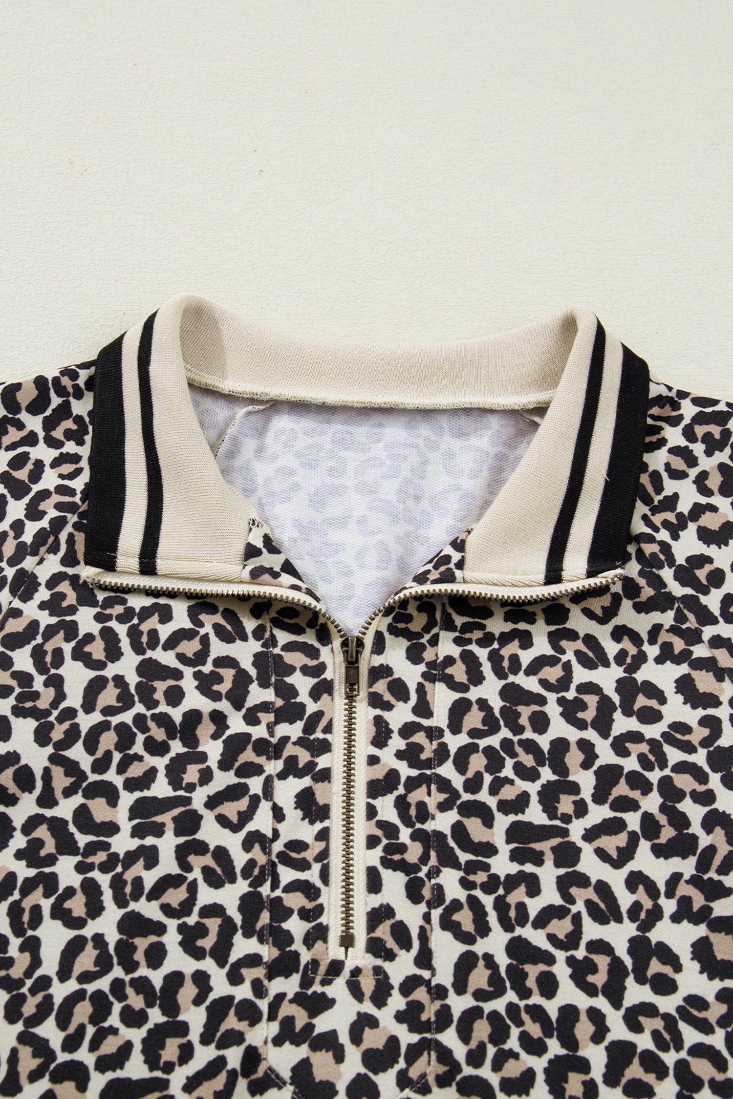 Khaki Leopard Print Zip Neck Striped Webbing Patchwork T Shirt Mini Dress
