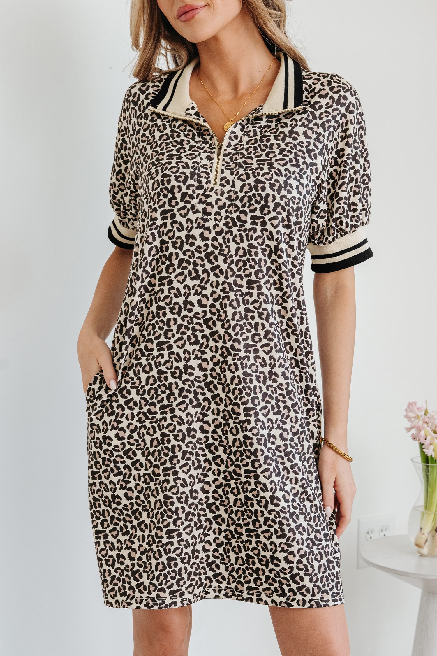 Khaki Leopard Print Zip Neck Striped Webbing Patchwork T Shirt Mini Dress