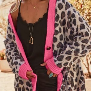 Khaki Oversize Color Block Trim Button Down Leopard Print Cardigan