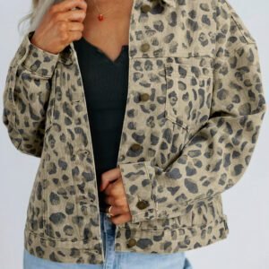 Khaki Retro Leopard Print Seam Detail Button Down Denim Jacket