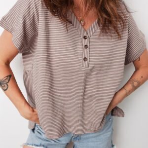 Khaki Stripe Buttoned V Neck High Low Side Slit T Shirt