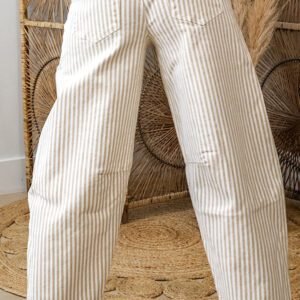 Khaki Stripe Casual Barrel Jeans