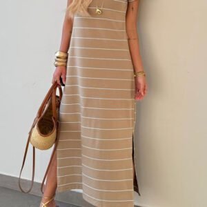 Khaki Stripe Casual Short Sleeve Side Slit Maxi T Shirt Dress