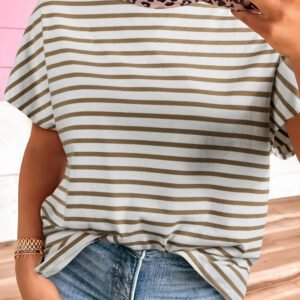 Khaki Stripe Leopard Patchwork Round Neck Loose T Shirt