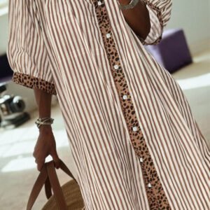 Khaki Stripe Square Button Leopard Trim Loose Bracelet Sleeve Shirt Dress