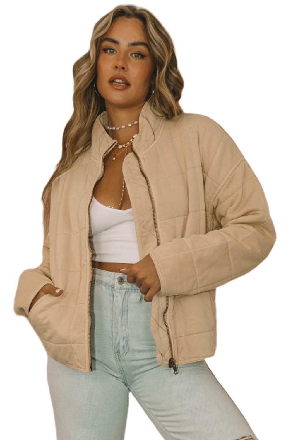 Khaki Zip-Up Pocket Quilted Jacket
