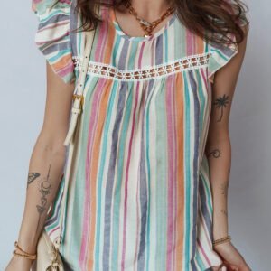 Light Blue Lace Hollow-out Insert Flutter Sleeve Striped Blouse