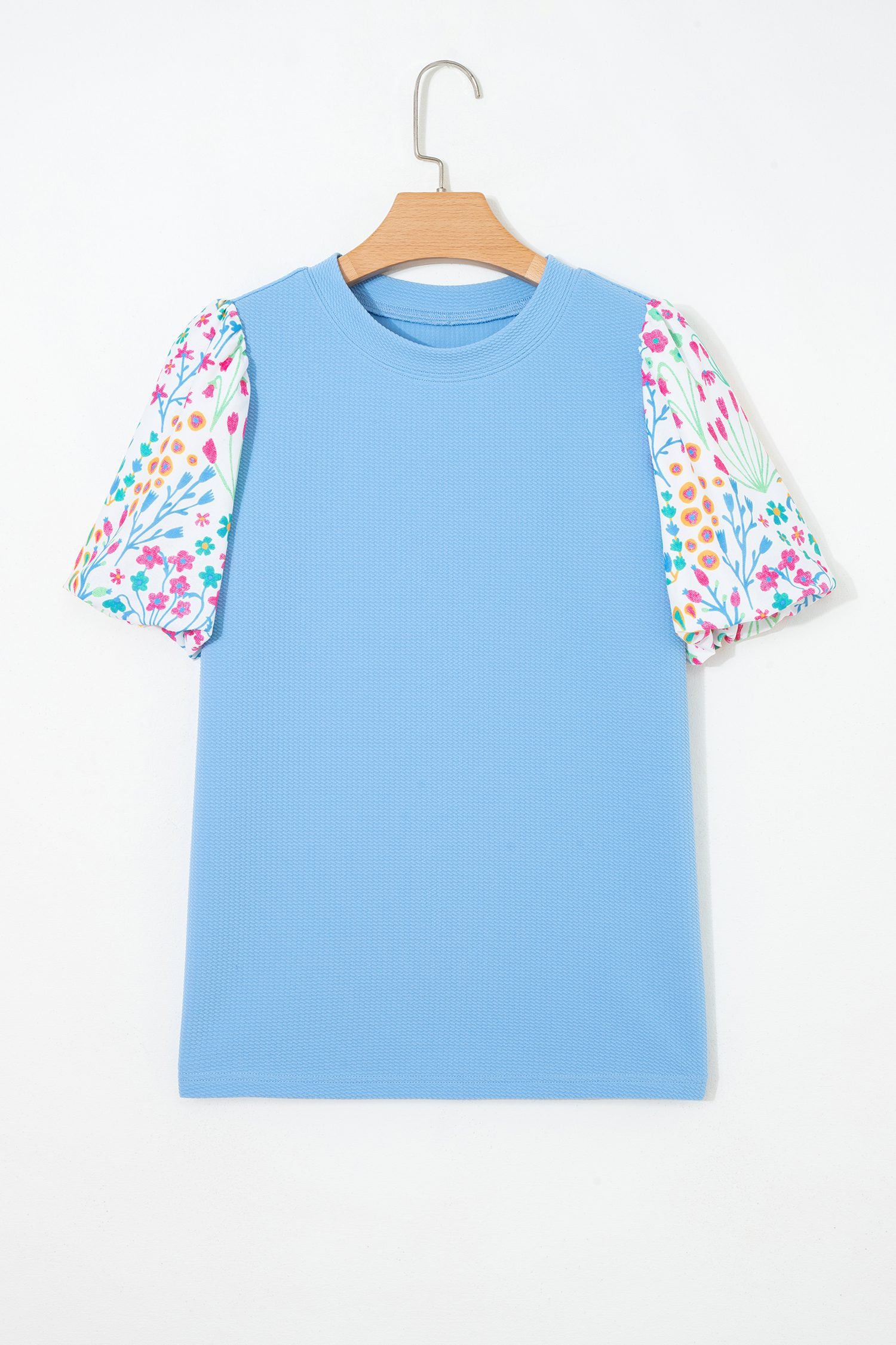Light Blue Round Neck Textured Contrast Floral Bubble Sleeve Blouse