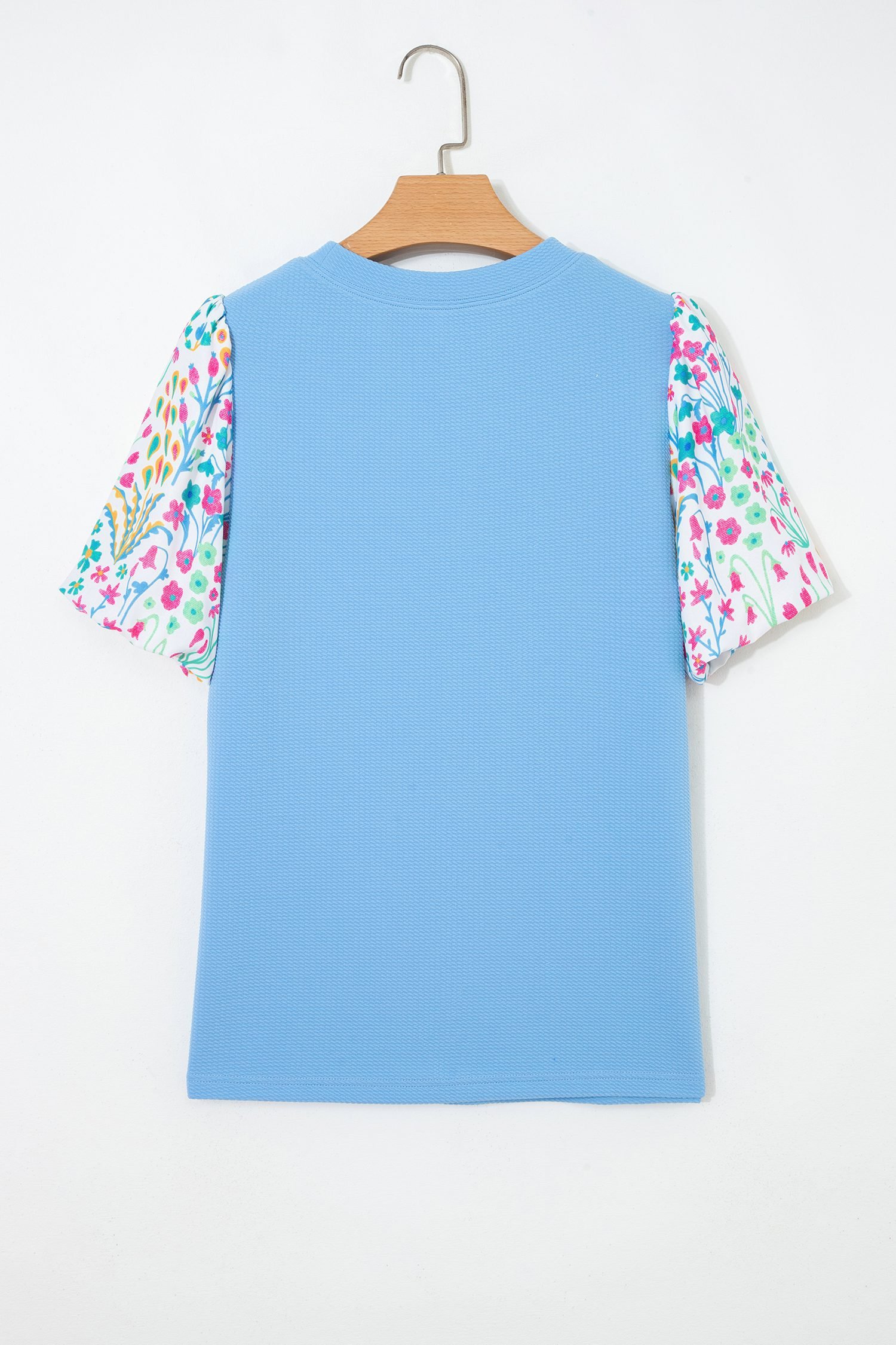 Light Blue Round Neck Textured Contrast Floral Bubble Sleeve Blouse