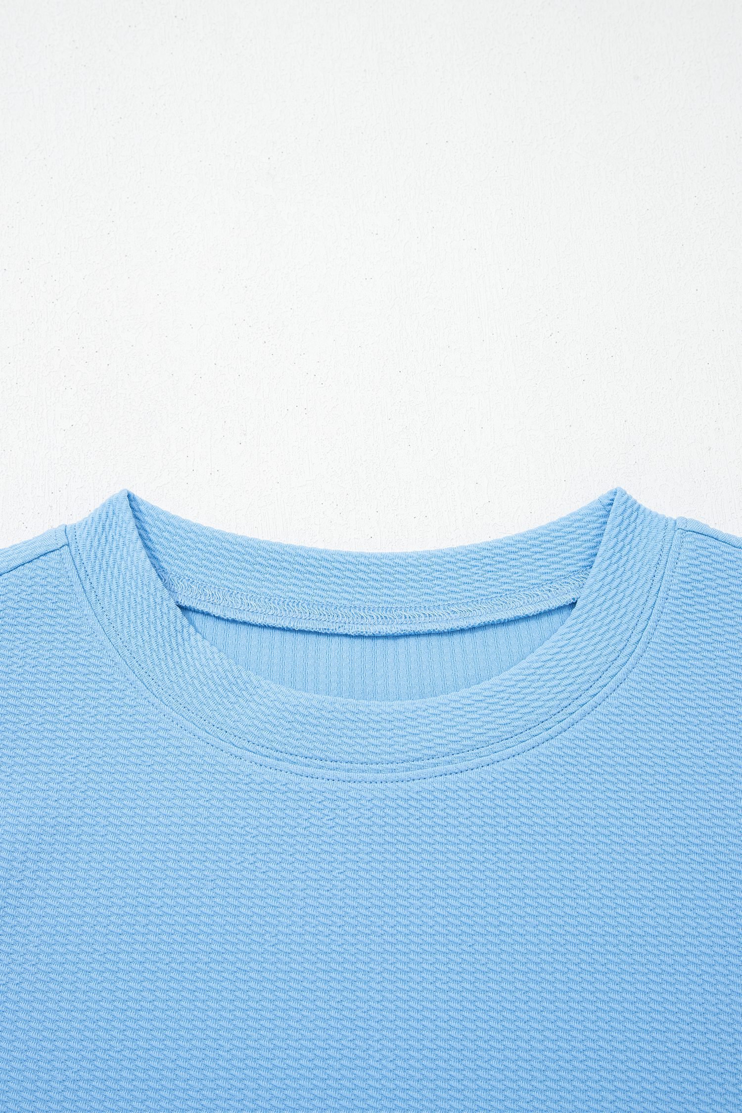Light Blue Round Neck Textured Contrast Floral Bubble Sleeve Blouse