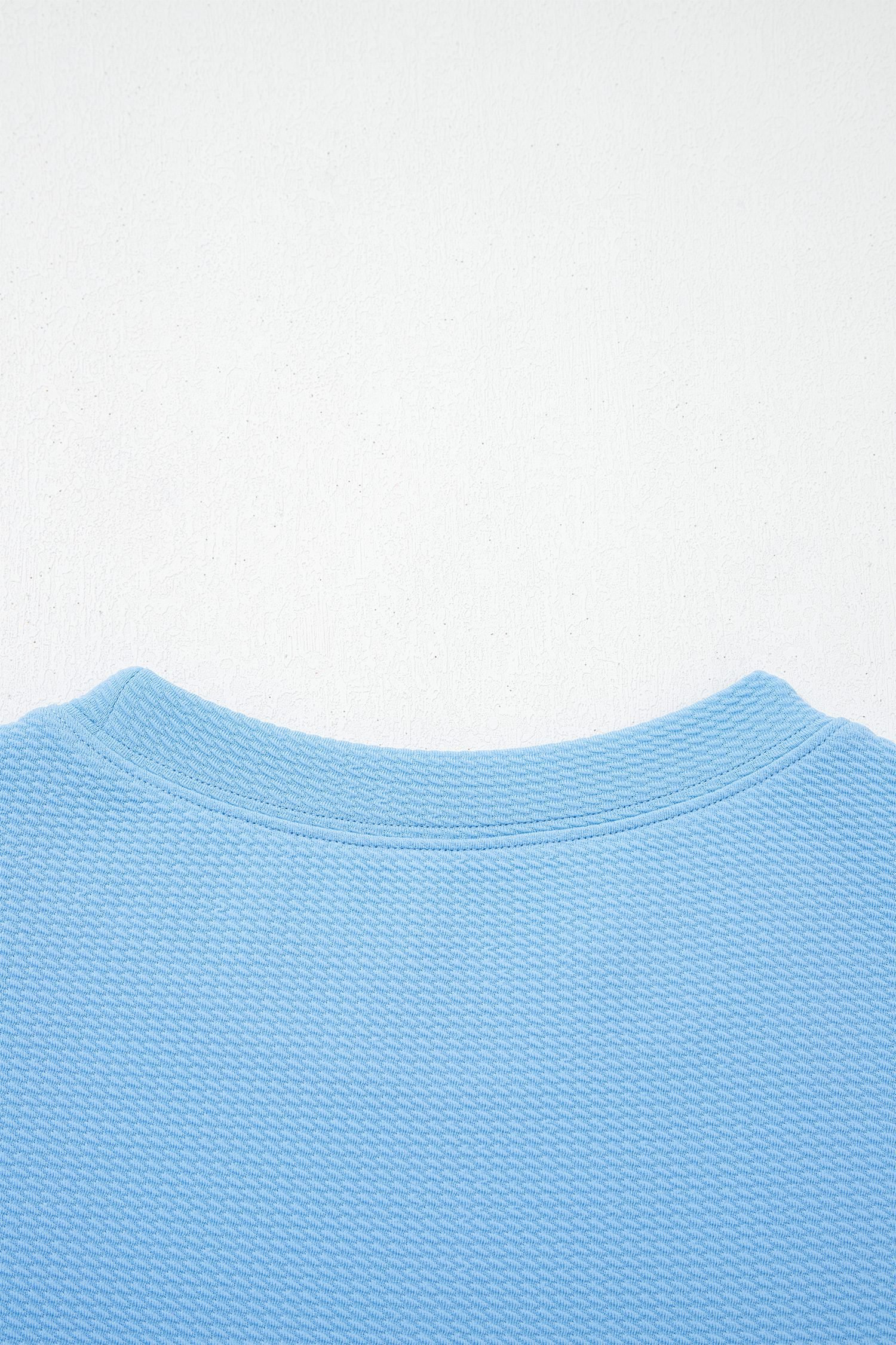 Light Blue Round Neck Textured Contrast Floral Bubble Sleeve Blouse